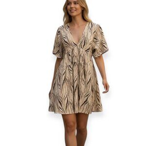 NWT Mustard Seed Zebra Print Boho Mini Dress Flowy Babydoll V Neck Tie Back S